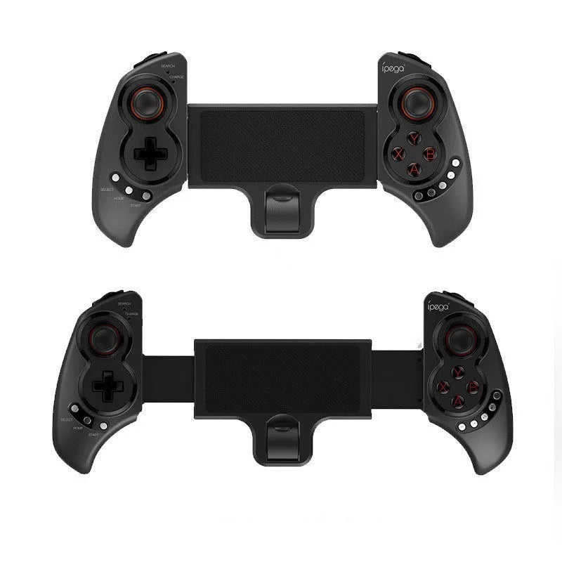 Telescopic wireless game controller extended to hold a mobile phone, showing USB connector.
