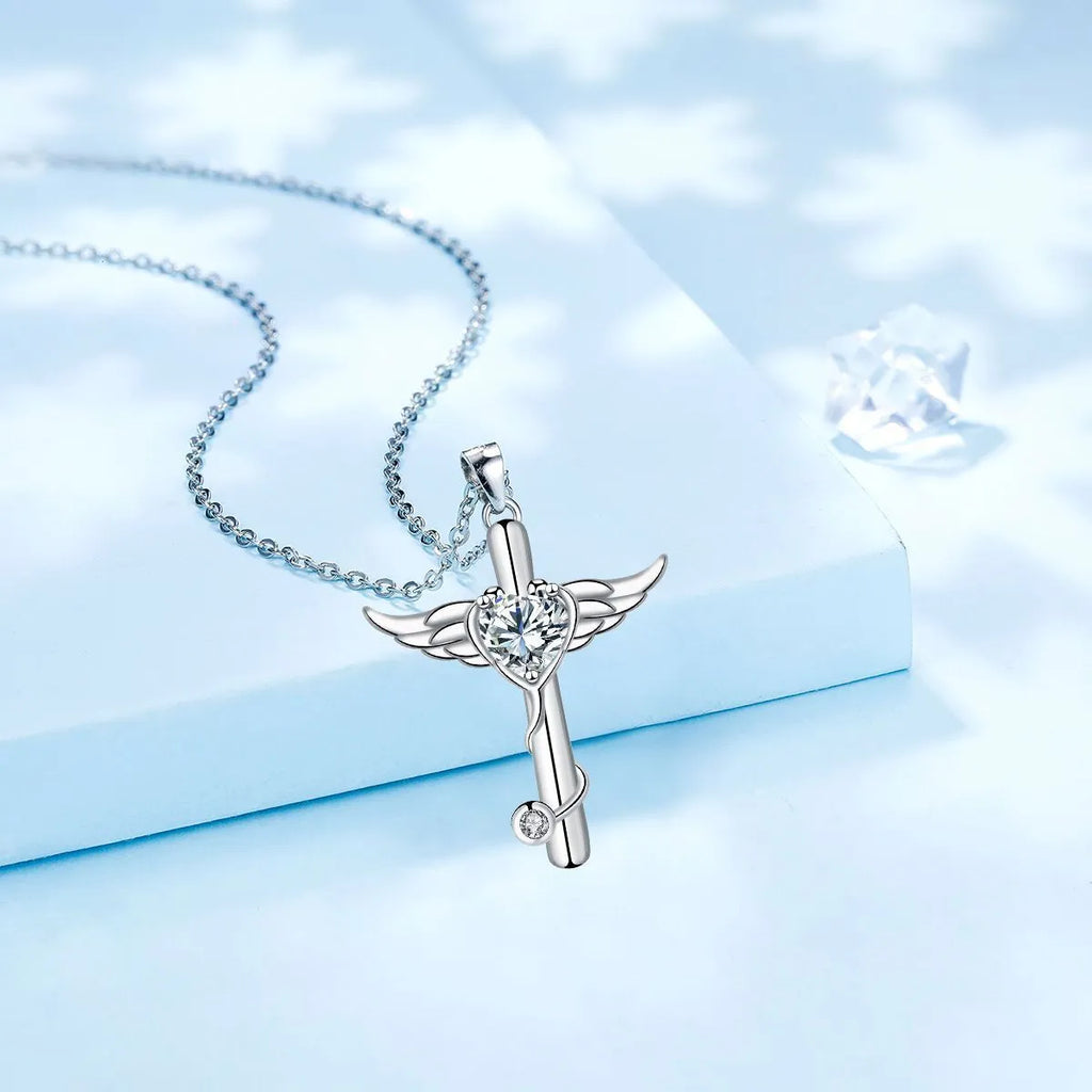 Copper cross stethoscope necklace with delicate wings element in white or red diamond electroplated finish