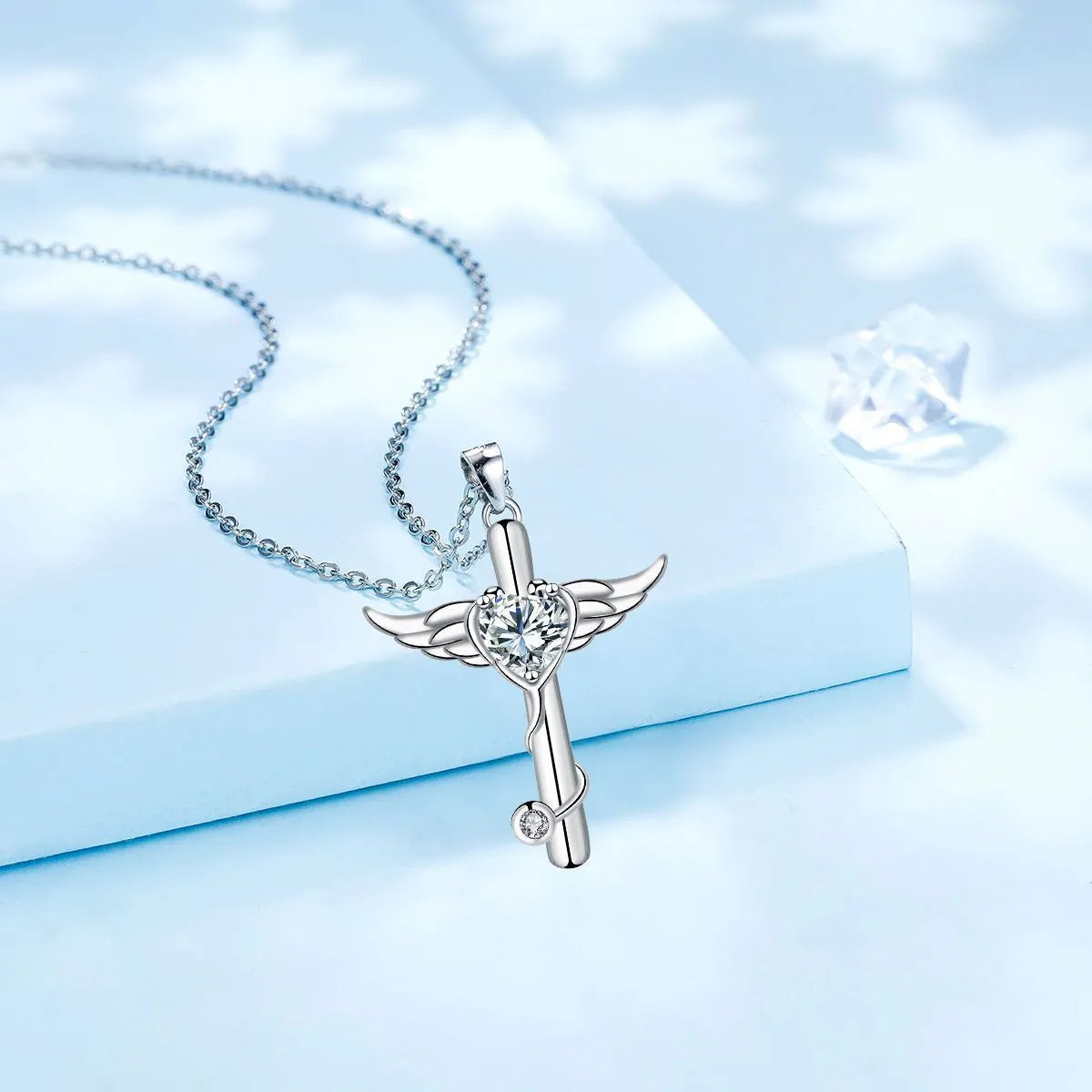 Copper cross stethoscope necklace with delicate wings element in white or red diamond electroplated finish