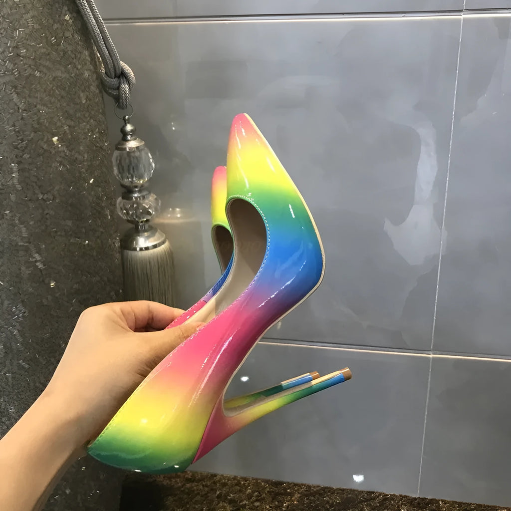 Rainbow patent leather women's stiletto sandals with pointed toe and ultra-high thin heels