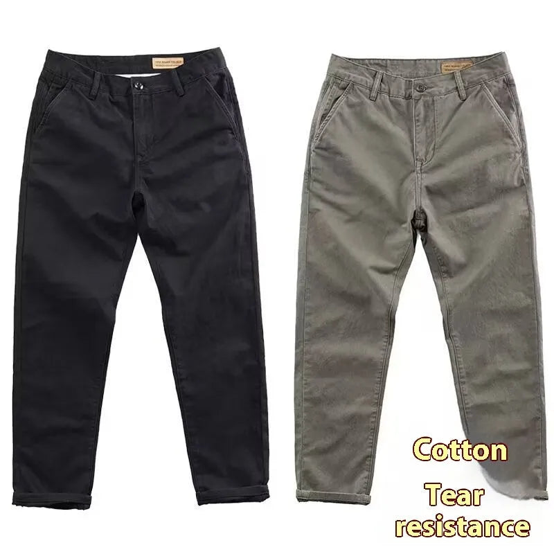 Men's slim washed straight-leg trousers in khaki – cotton-polyester blend with micro elastic weave, side view