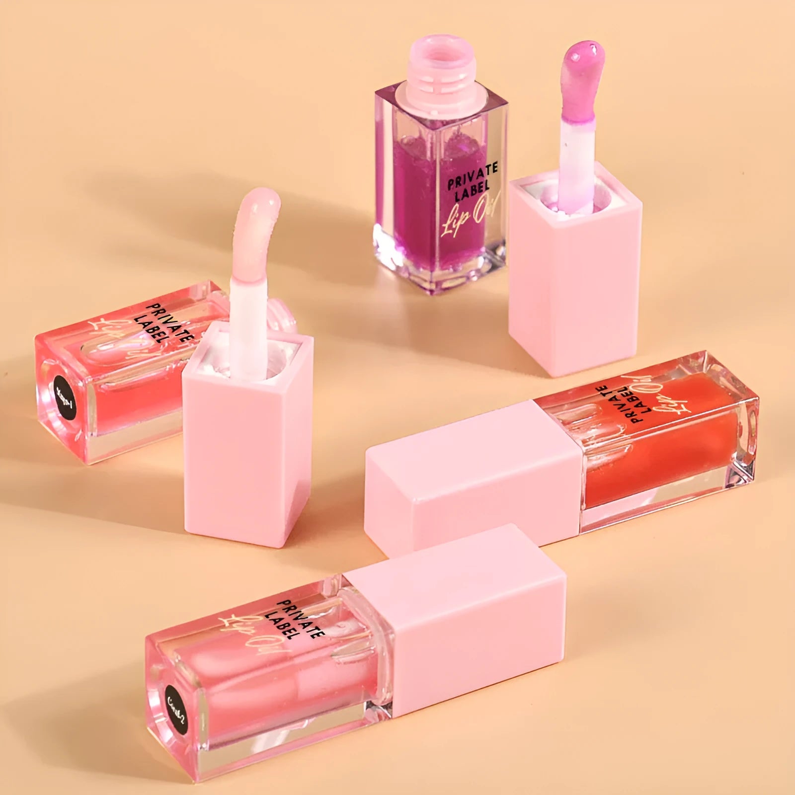 Six transparent lip gloss tubes in 6ml size with different fruity flavours for natural sheer finish