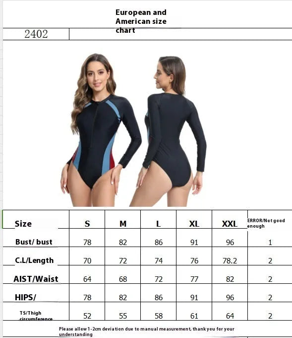 Racing training zipper tight one-piece long sleeves swimsuit in blue and red for swimming and wading