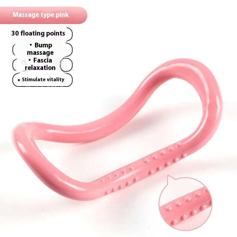 Yoga four piece set showing leg stretching device, yoga ring, pedal chest expander and figure eight tension rope