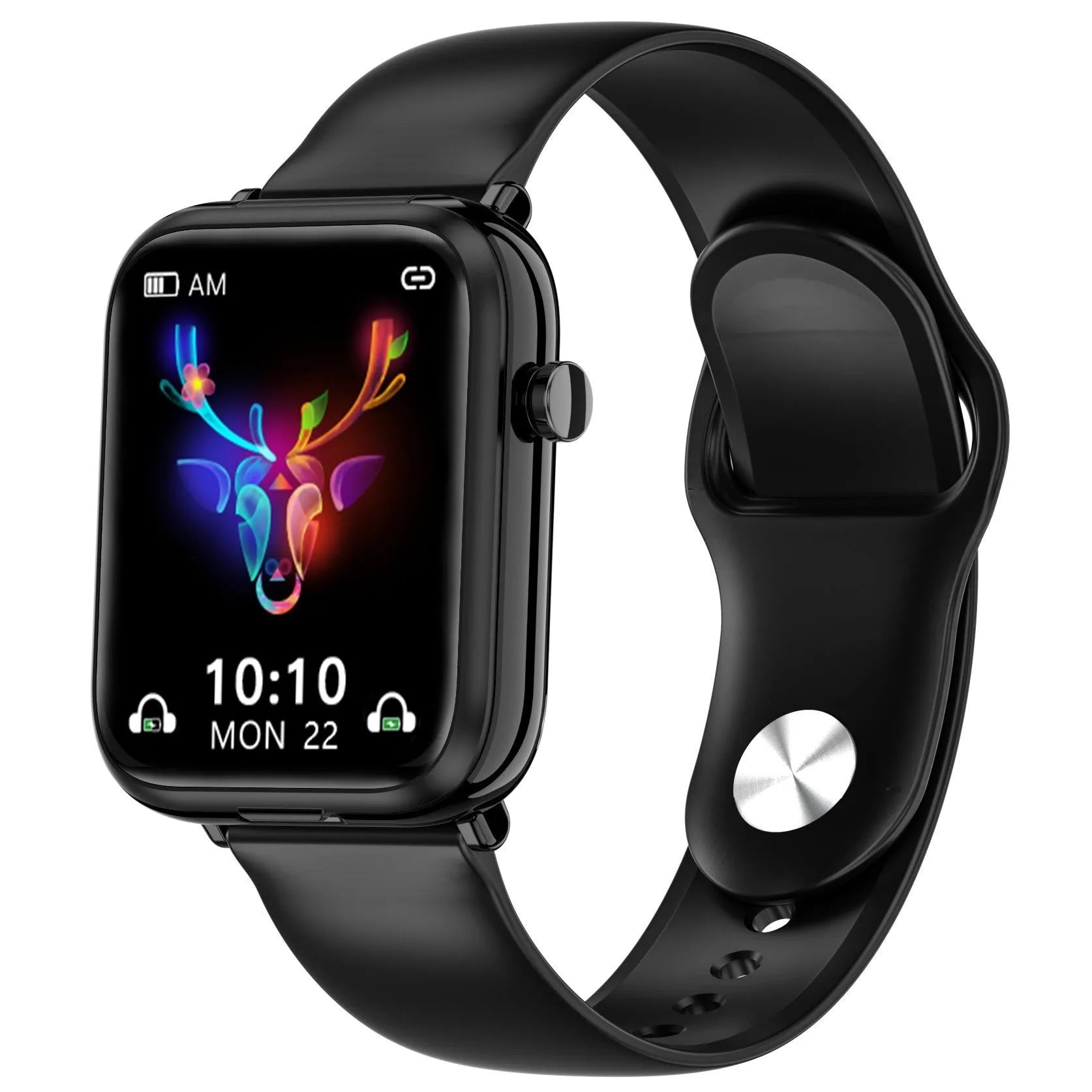 Black zinc alloy smartwatch with 1.69-inch touchscreen next to its magnetic charging case for TWS earbuds.