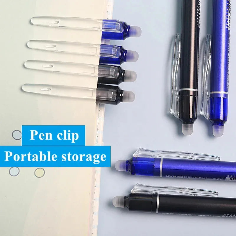 Hot erasable gel pen with 0.5mm stainless steel nib and plastic shell in blue or black refill options