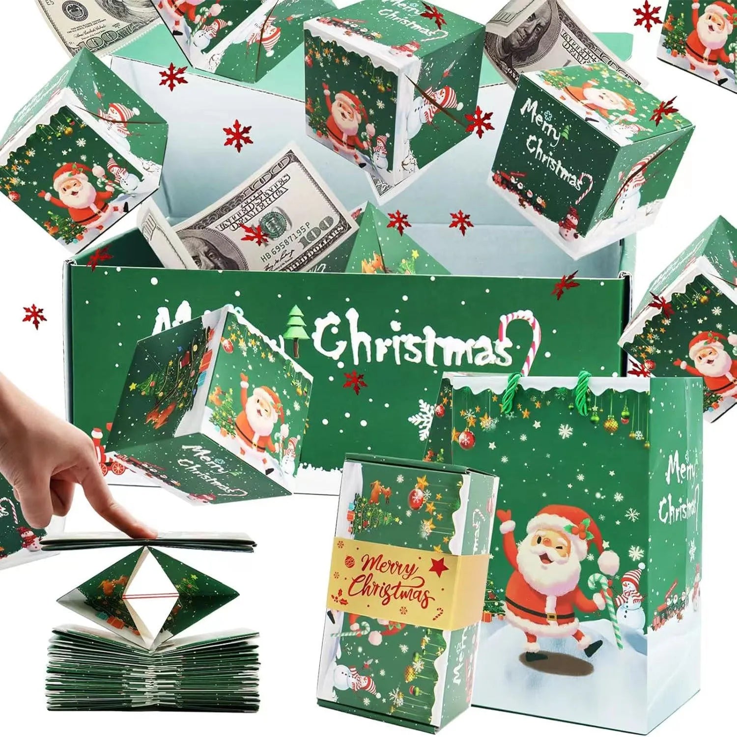 Santa snowman surprise box creative gift set with paper bounce boxes gift box and gift bag red and green colours