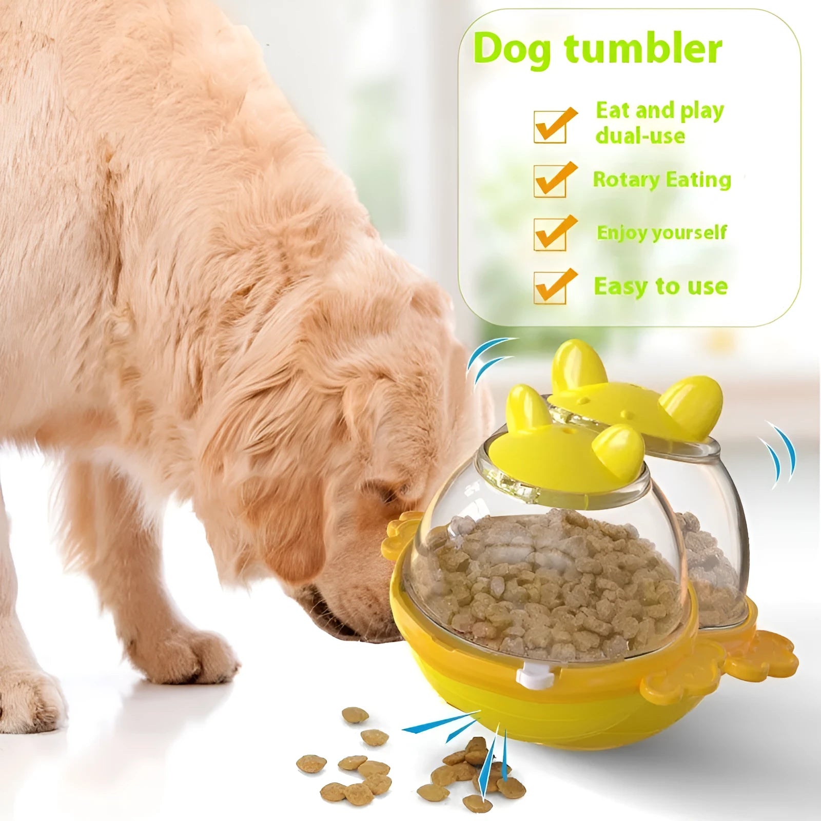 Yellow TPR dog tumbler food feeder toy on a light background, 11.2 cm high