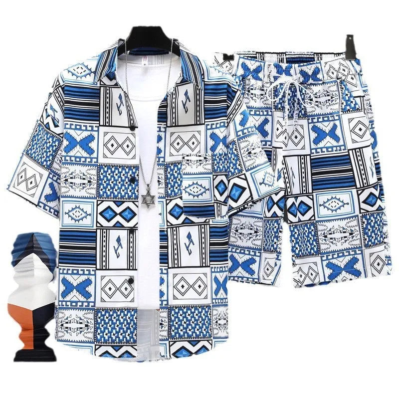 Men's casual polyester sports shorts two-piece set with matching short sleeve top