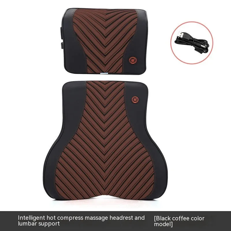 Car electric massage heating headrest lumbar support pillow with memory foam in black and orange
