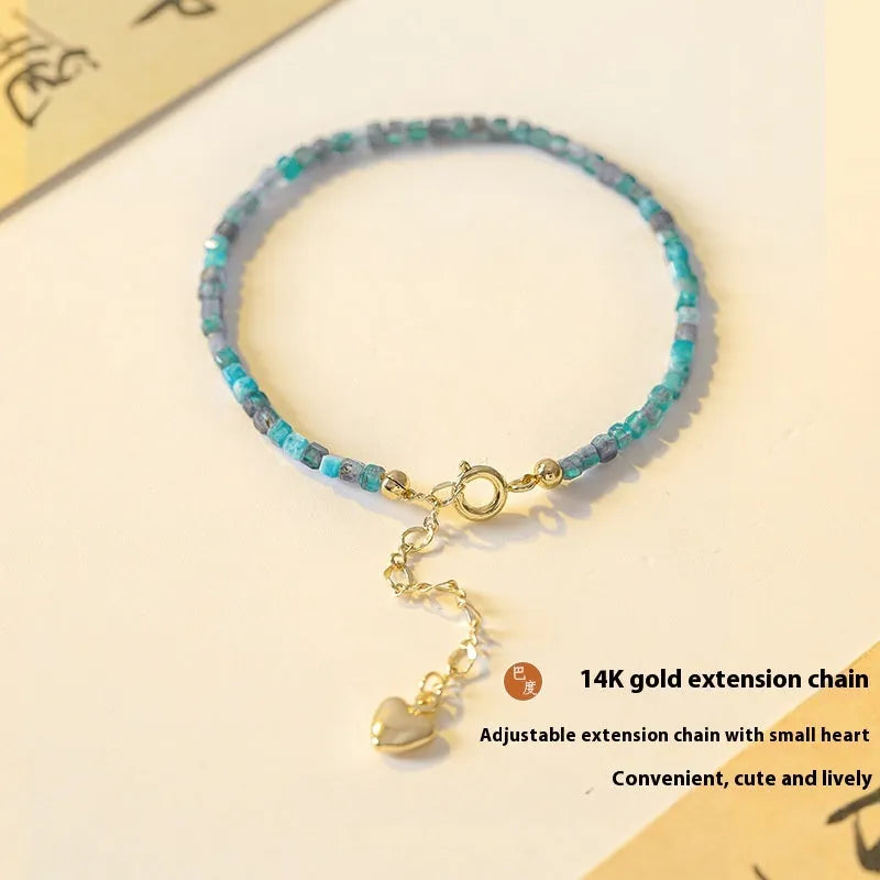Women's natural blue apatite crystal bracelet with diamond-shaped stones, blue and gray, adjustable fit 14-18 cm.