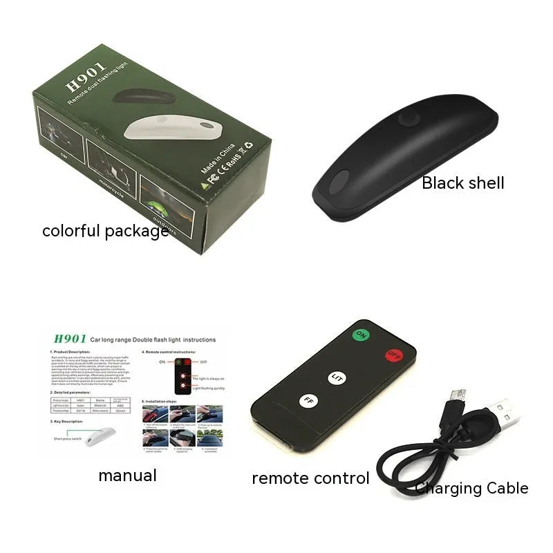 Remote control and compact black car strobe light with charging cable on a car dashboard