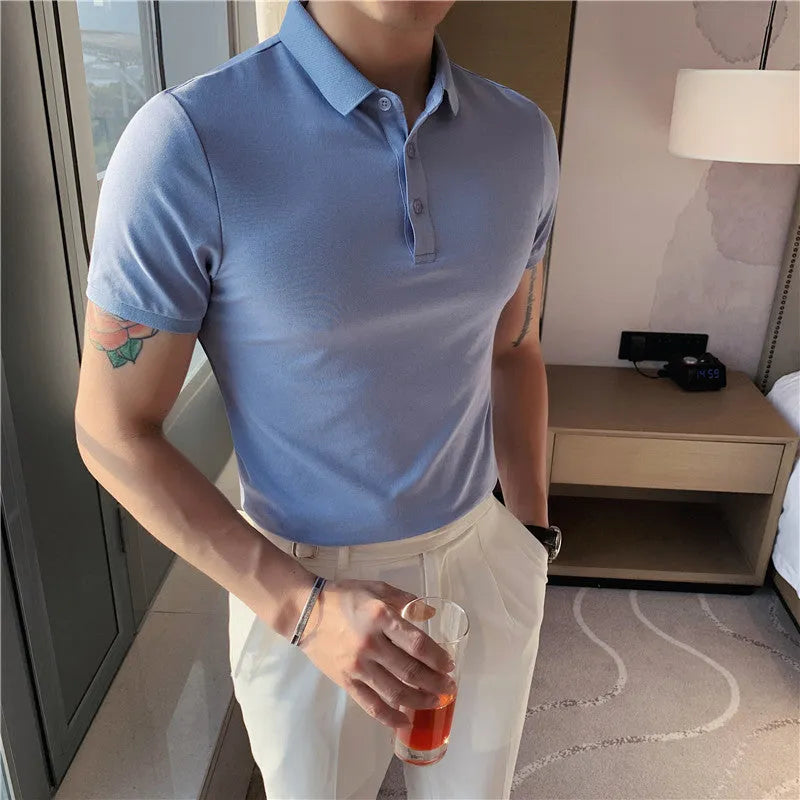 Solid colour polo shirt with lapel collar and short sleeves in cotton blend, summer colour options