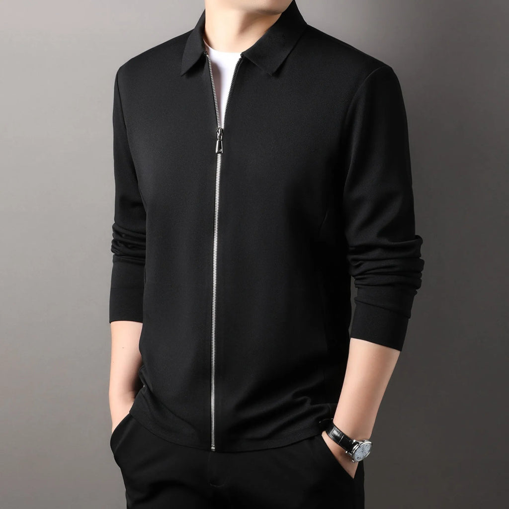 Men's polyester casual business jacket with straight hem design available in black, dark grey and apricot colours