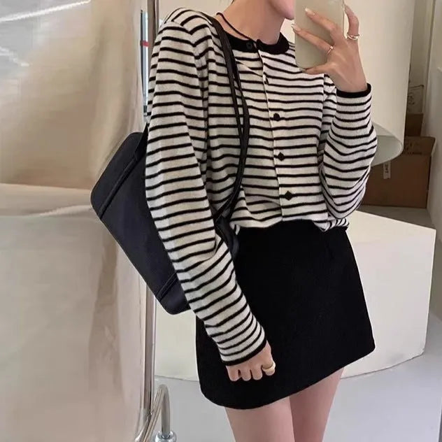 Women's dark grey white striped cardigan with 40cm length and slim fit viscose blend fabric