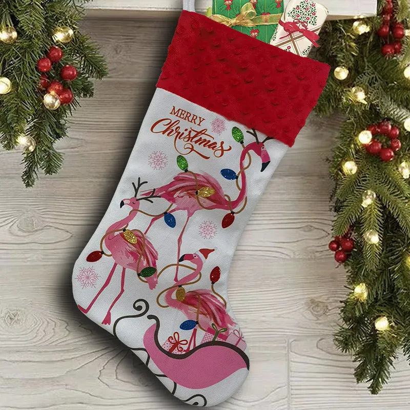 Flamingo Christmas stocking decoration measuring 46cm by 28cm in cloth material