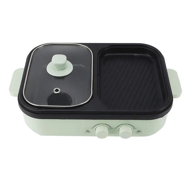 Green and white dual-function electric caldron and frying oven with mechanical controls and 1300W power rating