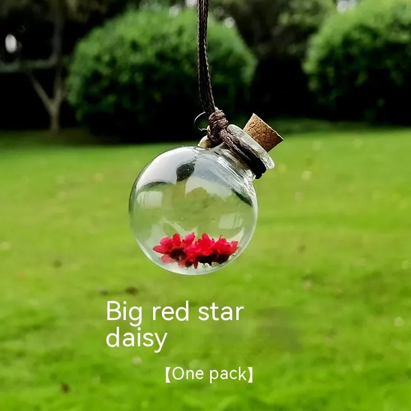 Glass fire extinguisher shaped pendant with preserved hydrangea flowers for car interior decoration