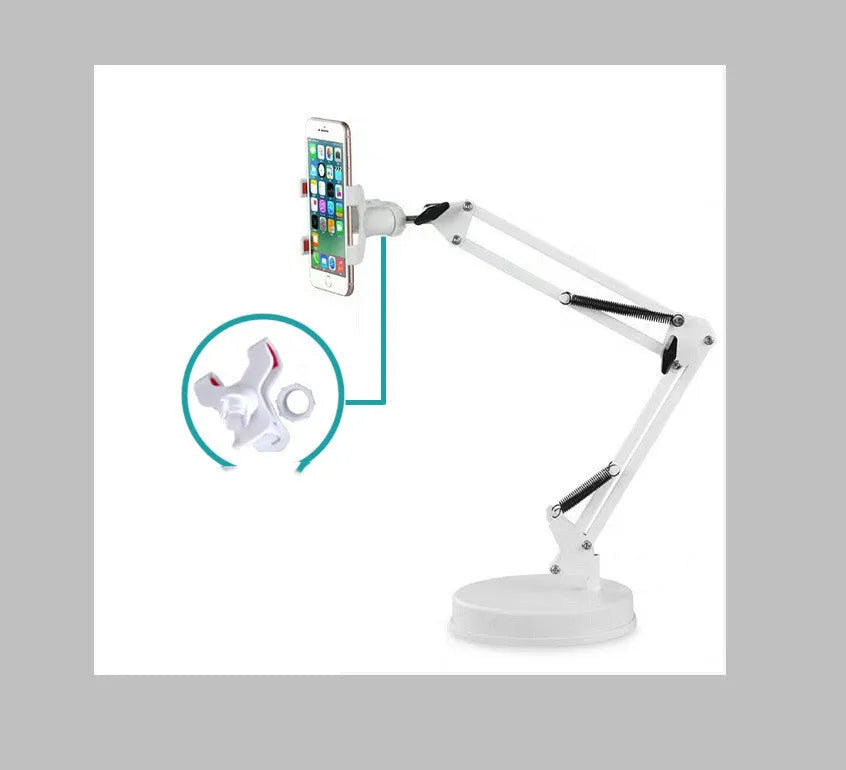 Universal mobile phone holder with metal bracket, 23cm arm, 60cm height, heavy plastic base, 360-degree ball head, for iPad Mini and iPhone desktop bed stand