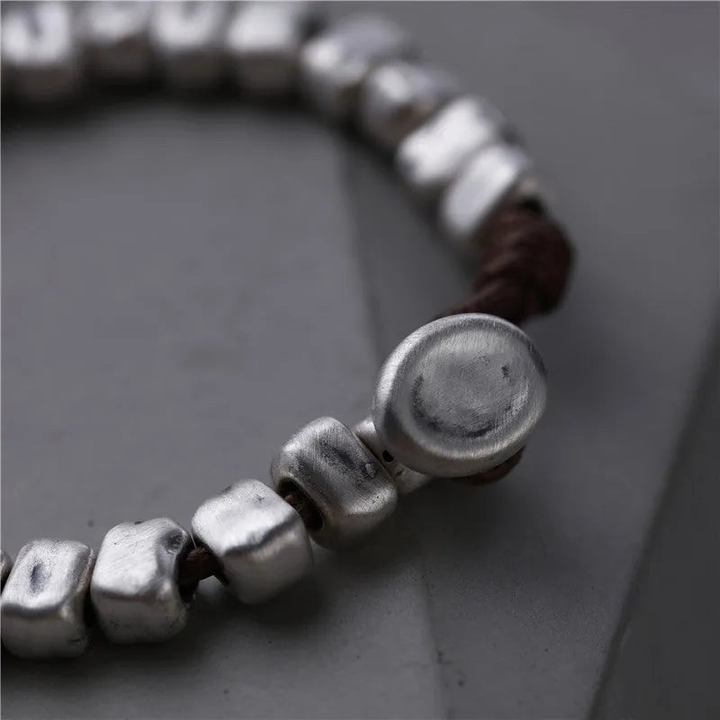 Women's handmade irregular silver square bracelet with wooden charm on elastic band