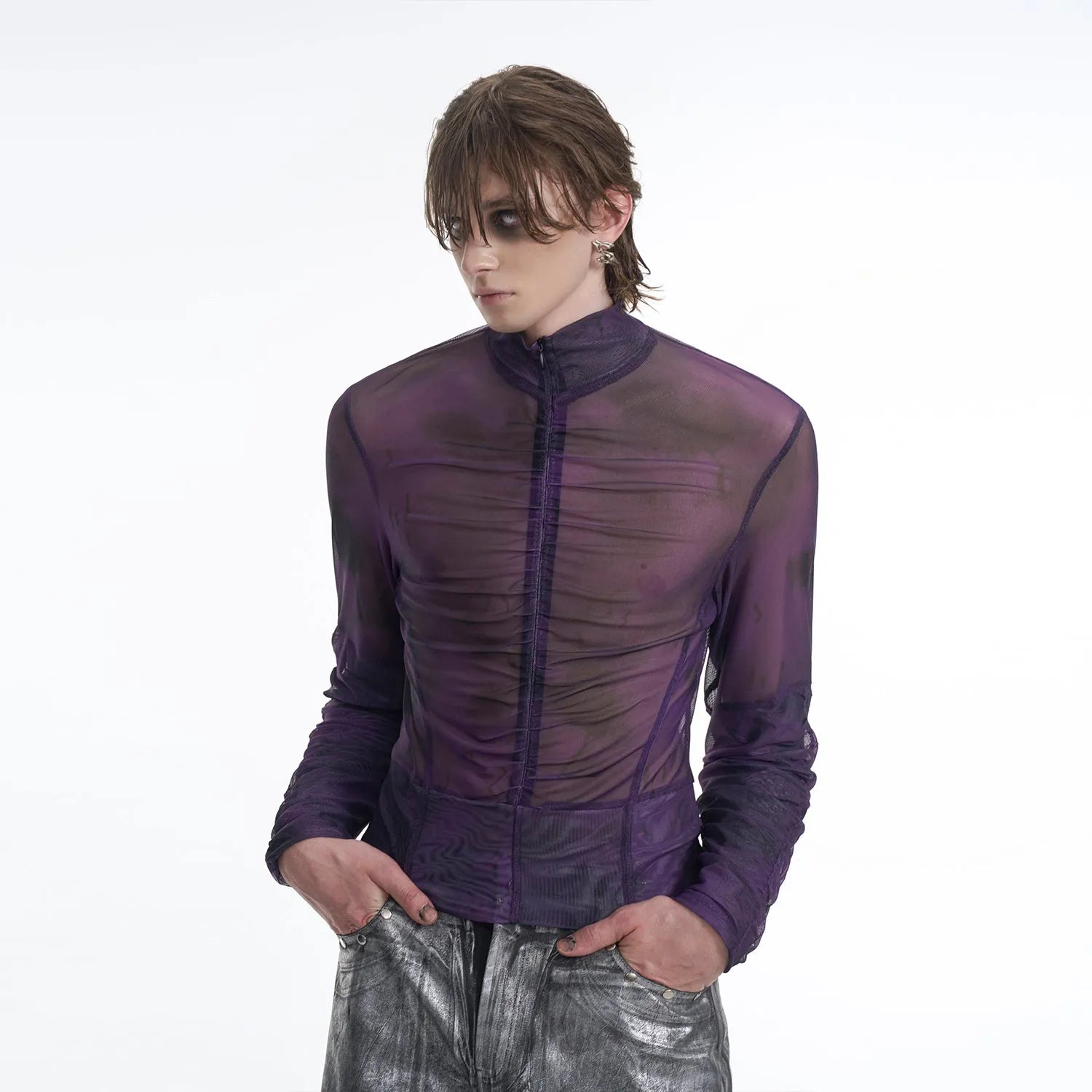 Men's half turtleneck mesh zipper bottoming shirt long-sleeved t-shirt in Black Red and Black Gray