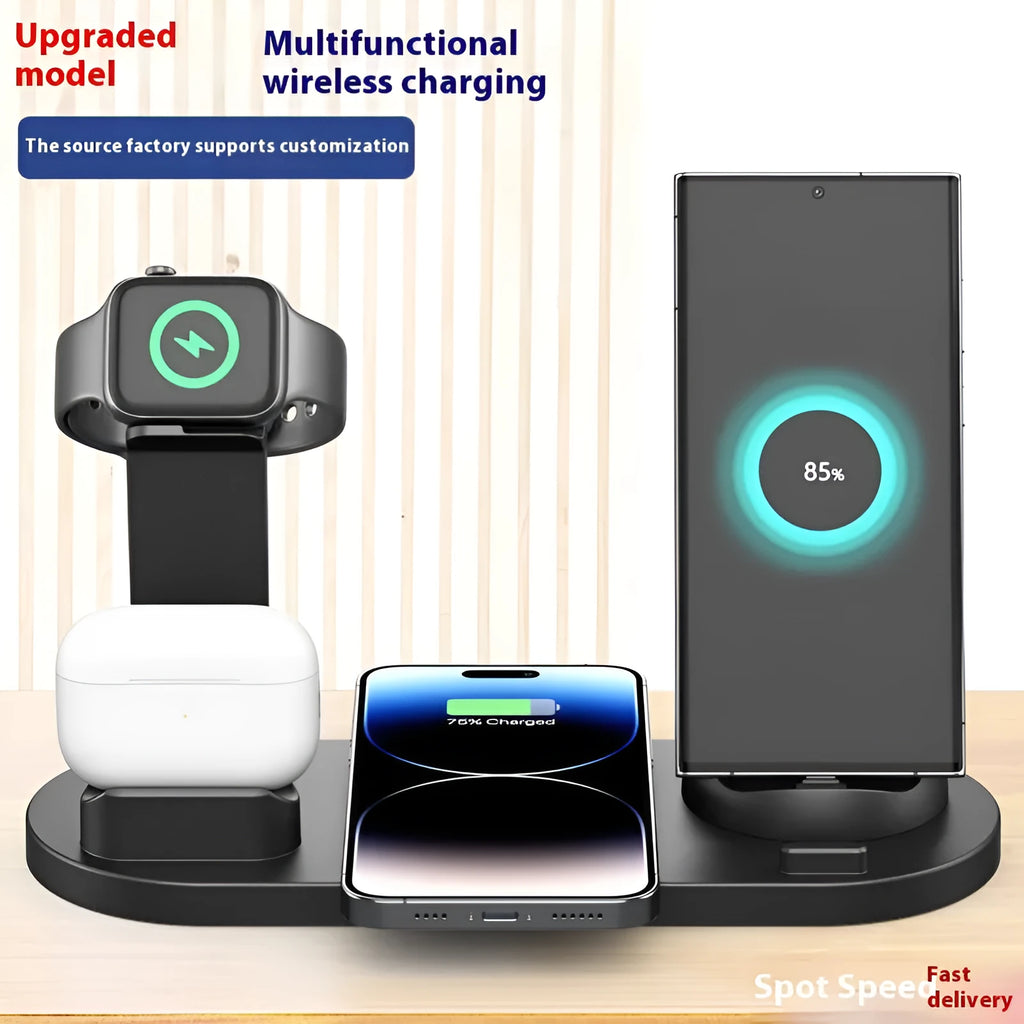 Black 15W wireless charging stand for phone headset and watch on a desk with a smartphone placed on the pad
