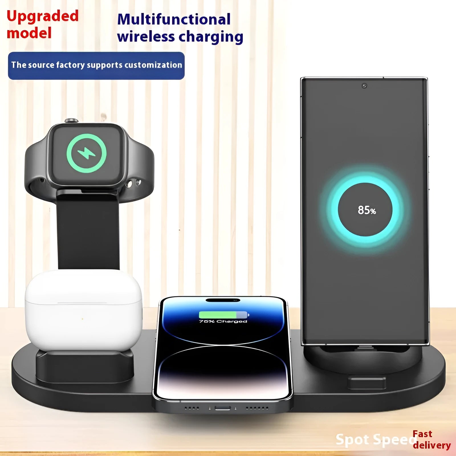 Black 15W wireless charging stand for phone headset and watch on a desk with a smartphone placed on the pad