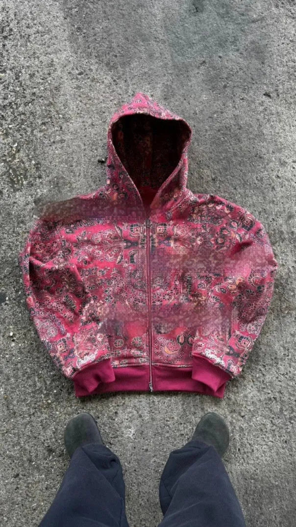 Men's loose zip hooded coat in polyester with digital printing, shown in red colour with hood up