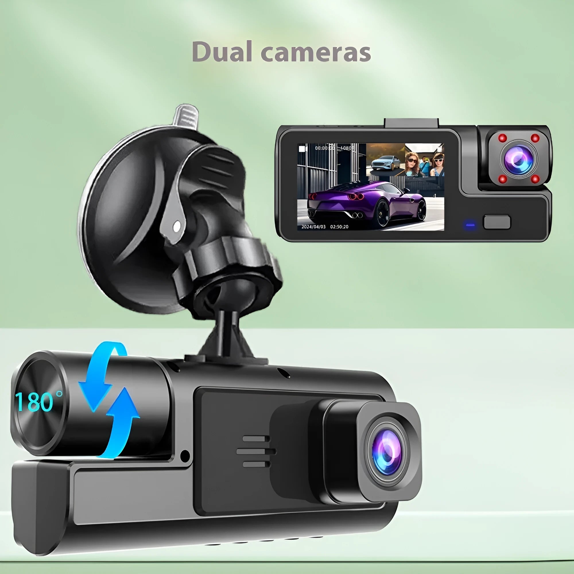 Car dash cam with 2.0-inch screen showing WiFi connectivity and reversing camera function