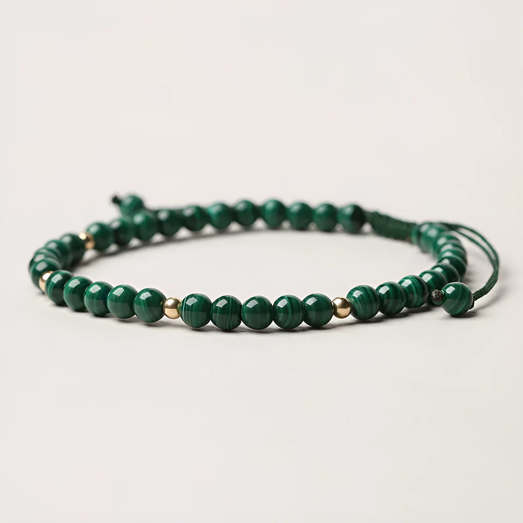 Natural malachite crystal bracelet for women with hand woven golden balls and textured stone beads