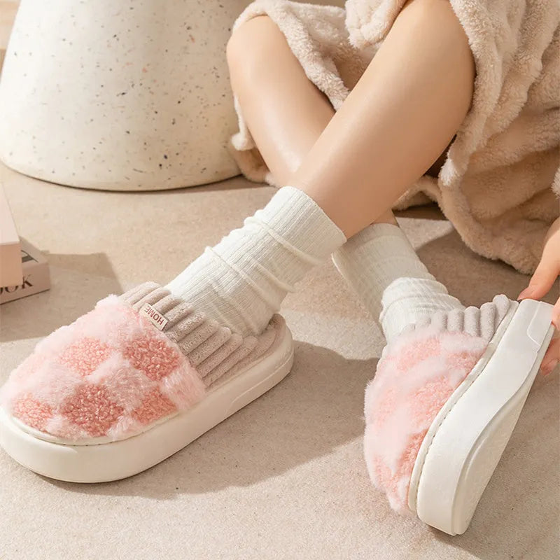 Women's plaid patterned plush slippers with non-slip sole in multiple colour options