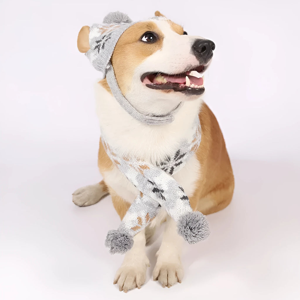 Japanese-style retro jacquard acrylic pet sweater and scarf hat set in gray and pink for small dogs and cats