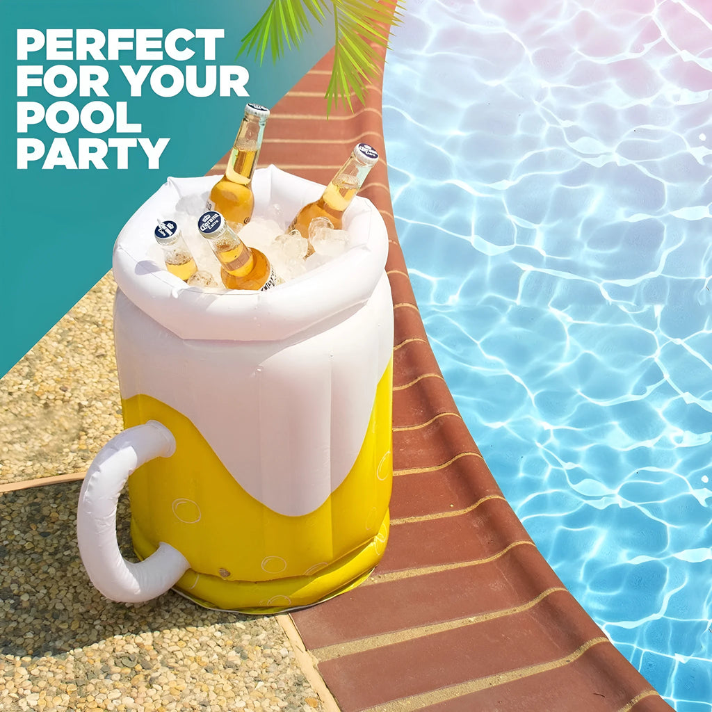 Yellow inflatable beer mug shaped cooler float with drink holders in a swimming pool