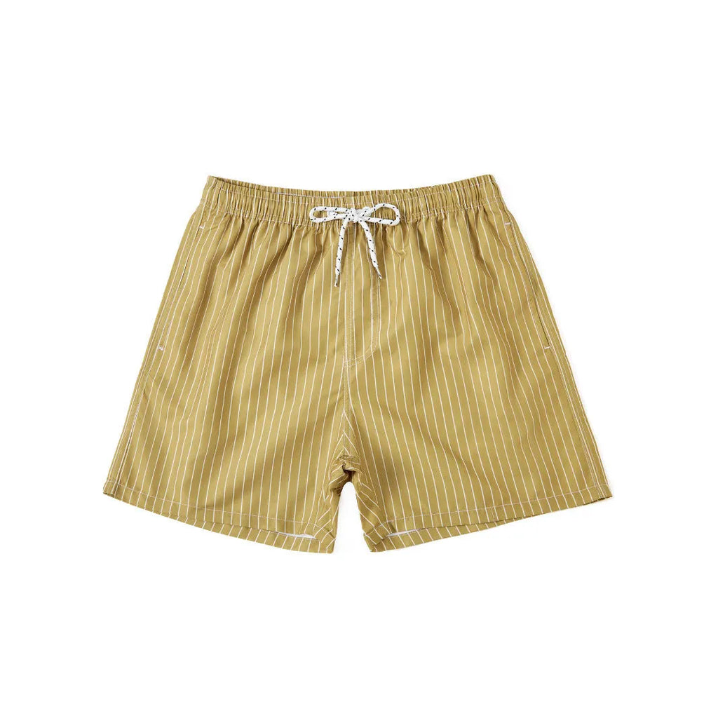 Striped polyester beach shorts with straight leg opening in navy blue grey khaki light blue colours