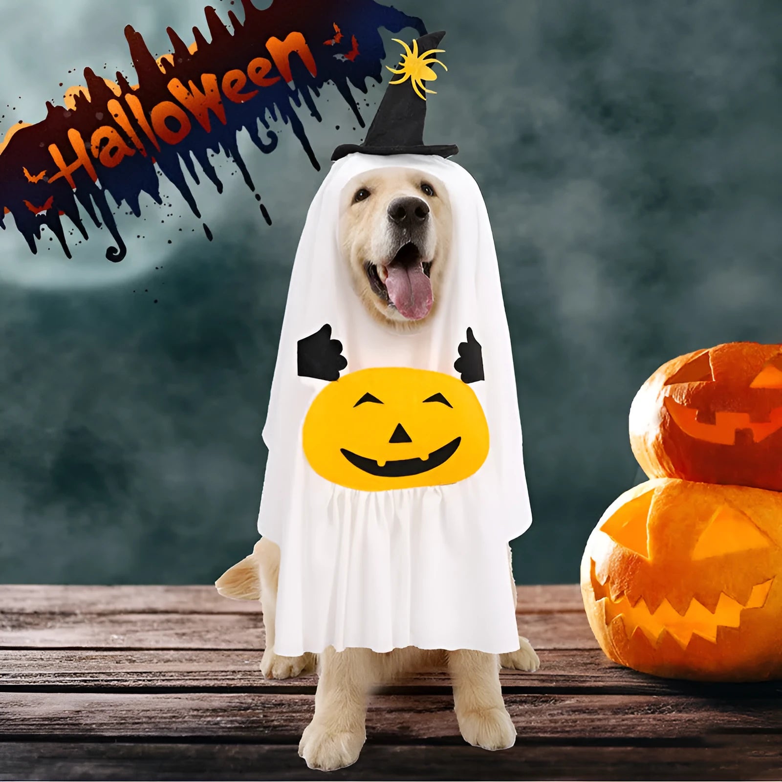 White viscose fibre dog suit with pumpkin ghost Halloween print on a pet model