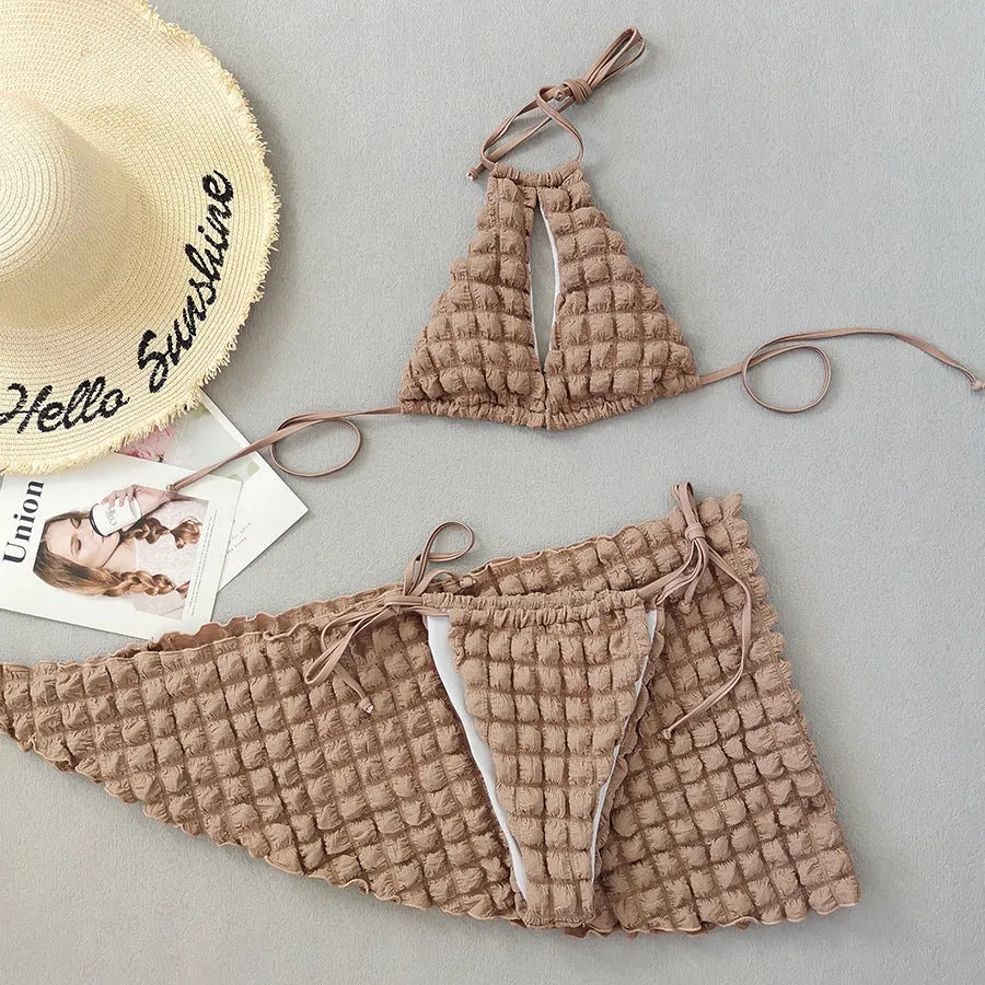 Brown seersucker lace-up three-piece bikini set for women with top, pants, and skirt
