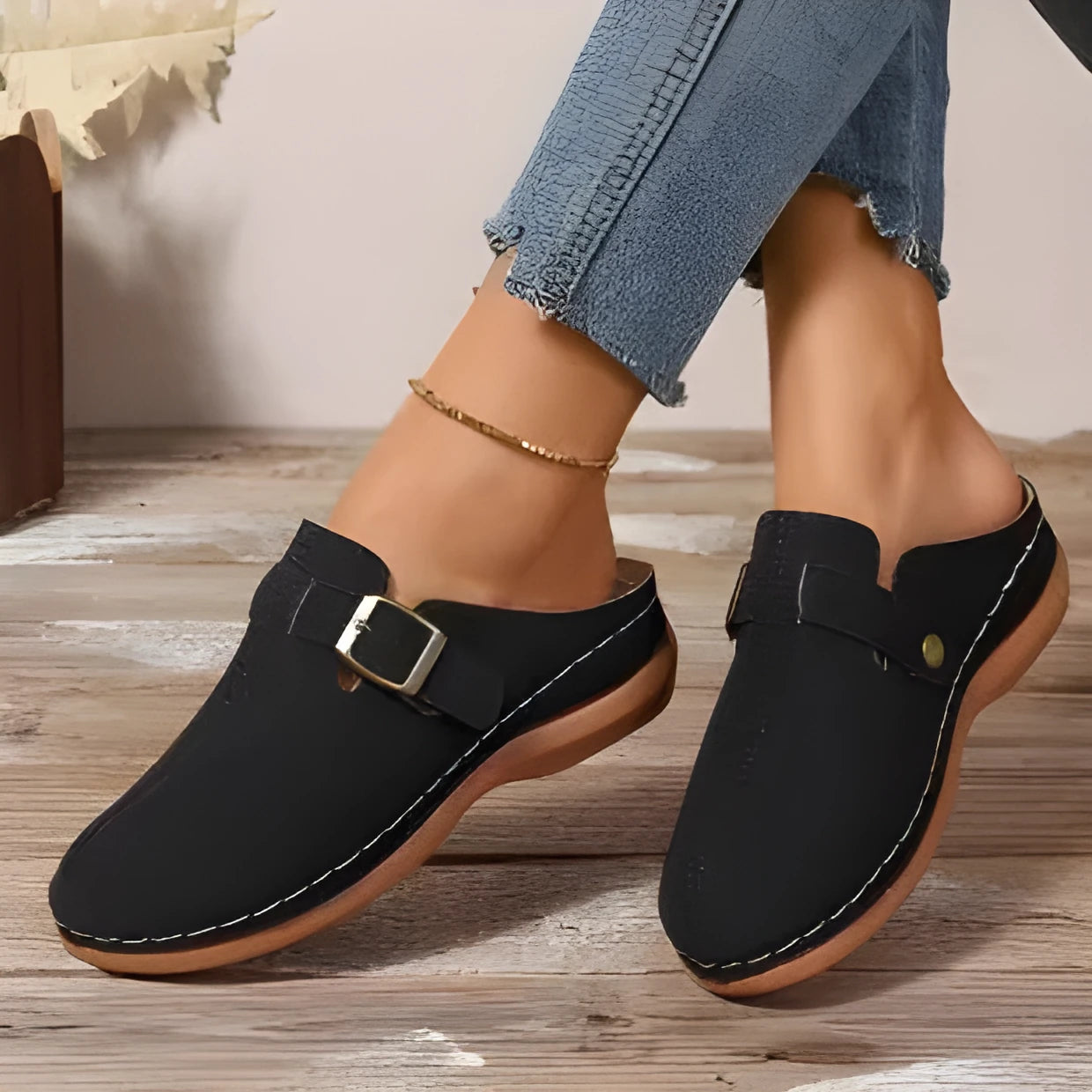 Women's lightweight casual wedge closed toe slippers, cloth upper, rubber sole, light brown colour