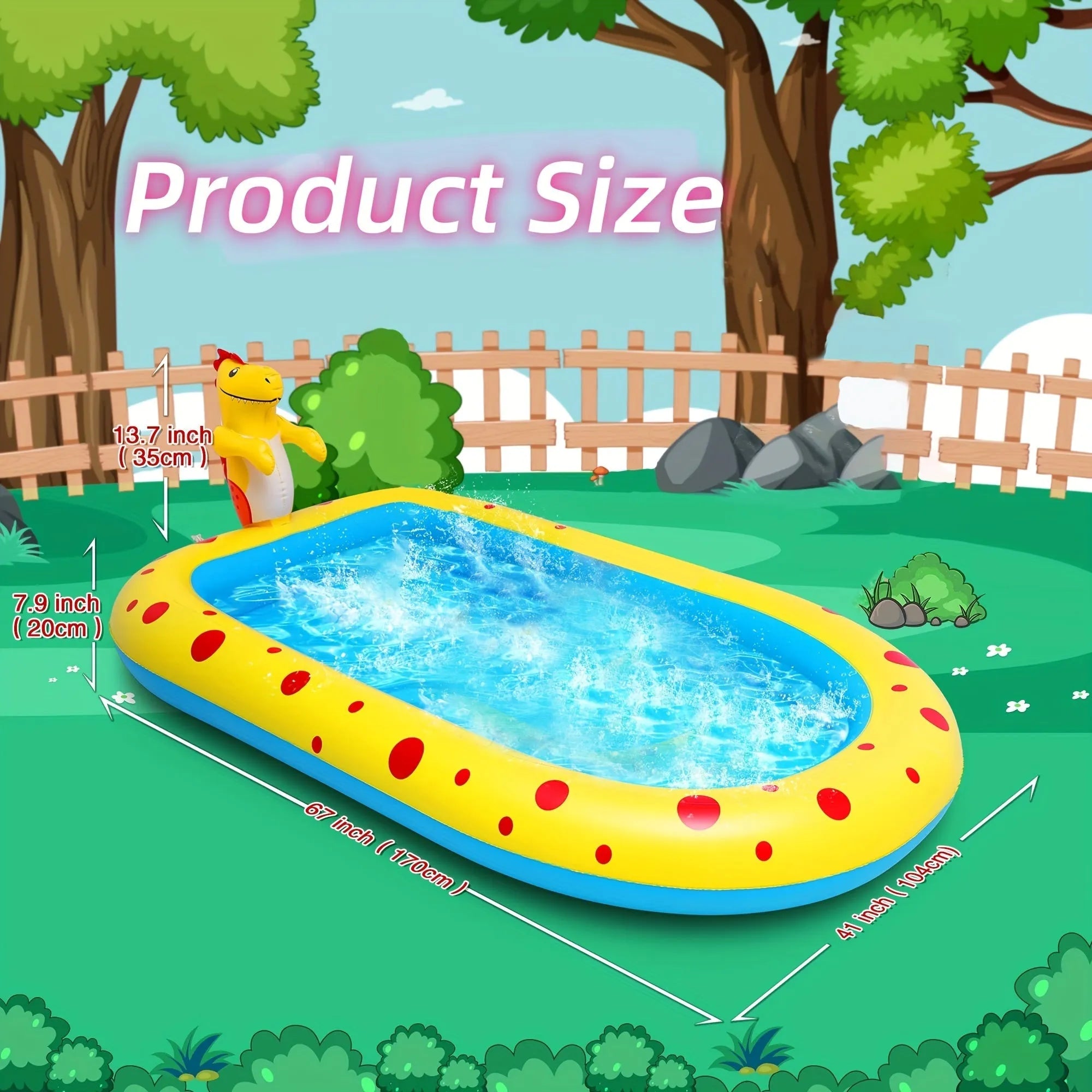 Blue dinosaur water spray pool for kids outdoor water play measuring 170cm