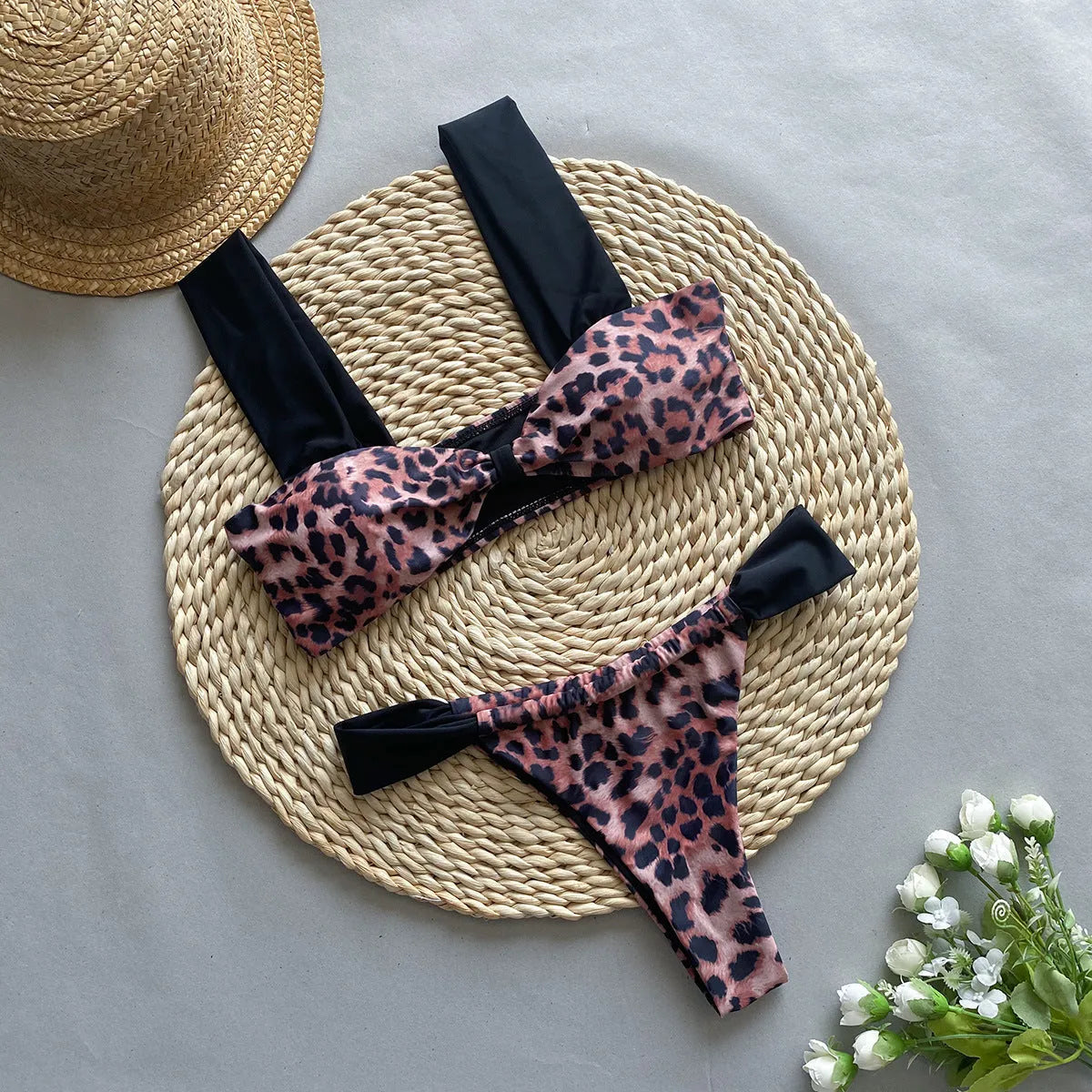 Bikini leopard print tube top split women's suit sleeveless nylon two piece set with T-pants