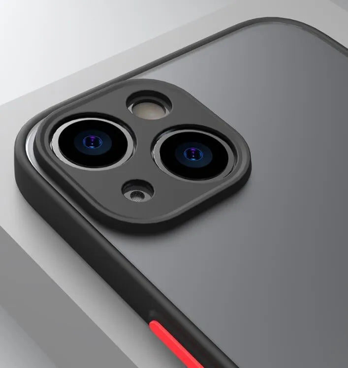 Frosted hard protective phone case for iPhone in black, green, or blue, showing full camera lens coverage.