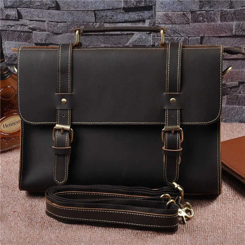 Men's genuine cowhide crazy horse leather handbag, 13-inch dark brown retro style with lock closure