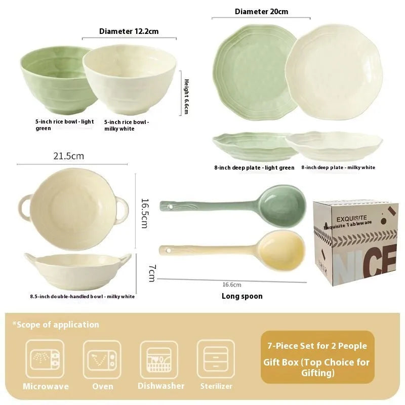 7-piece ceramic dinnerware set with solid colour glaze in modern Japanese style