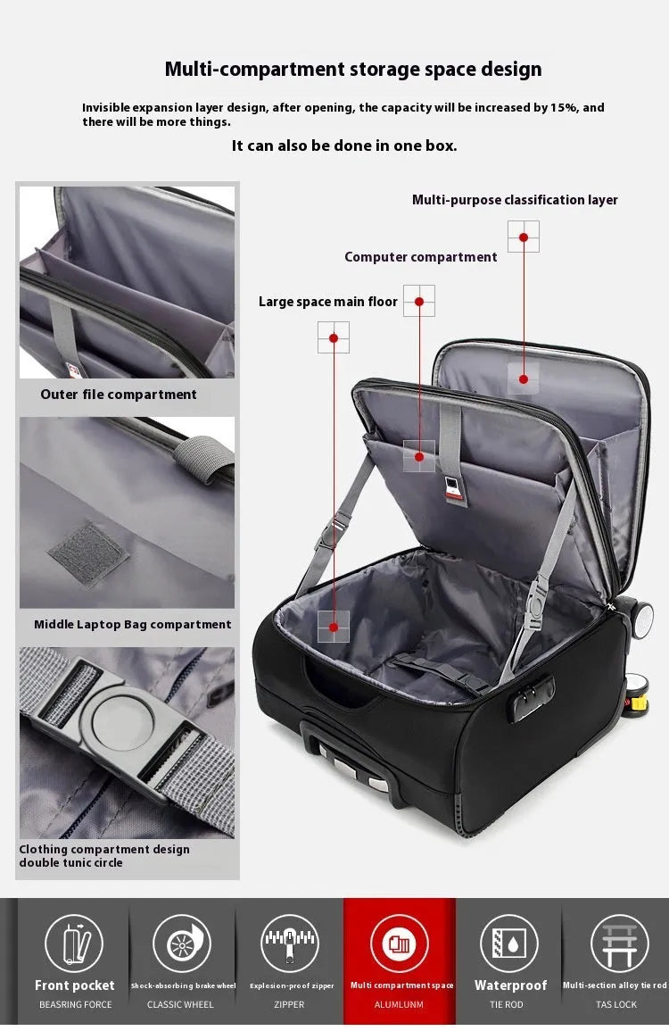 Black 18-inch Oxford cloth carry-on luggage with universal wheels and retractable handle