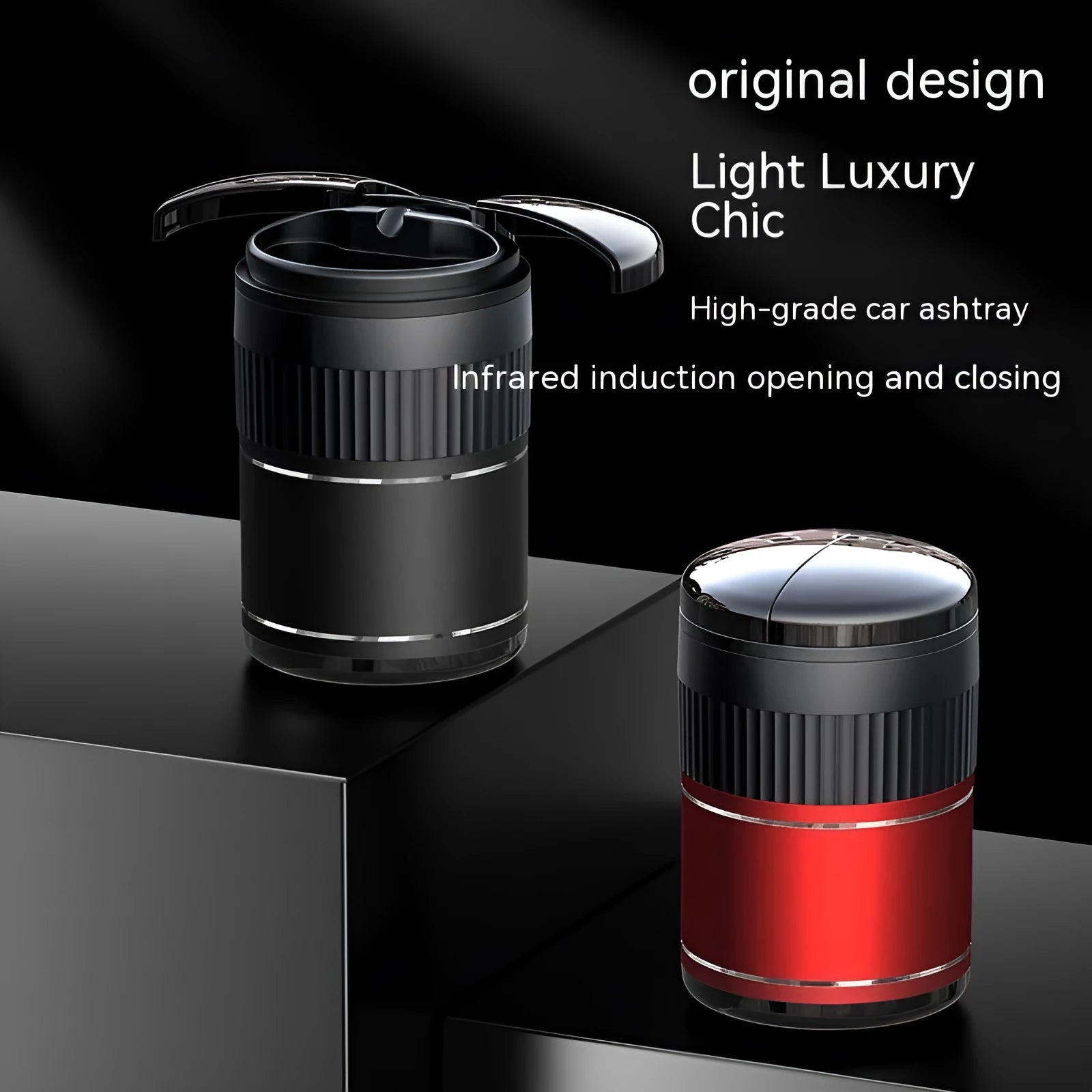 Automatic metal car ashtray with lid showing black, green, red, and silver colour options.