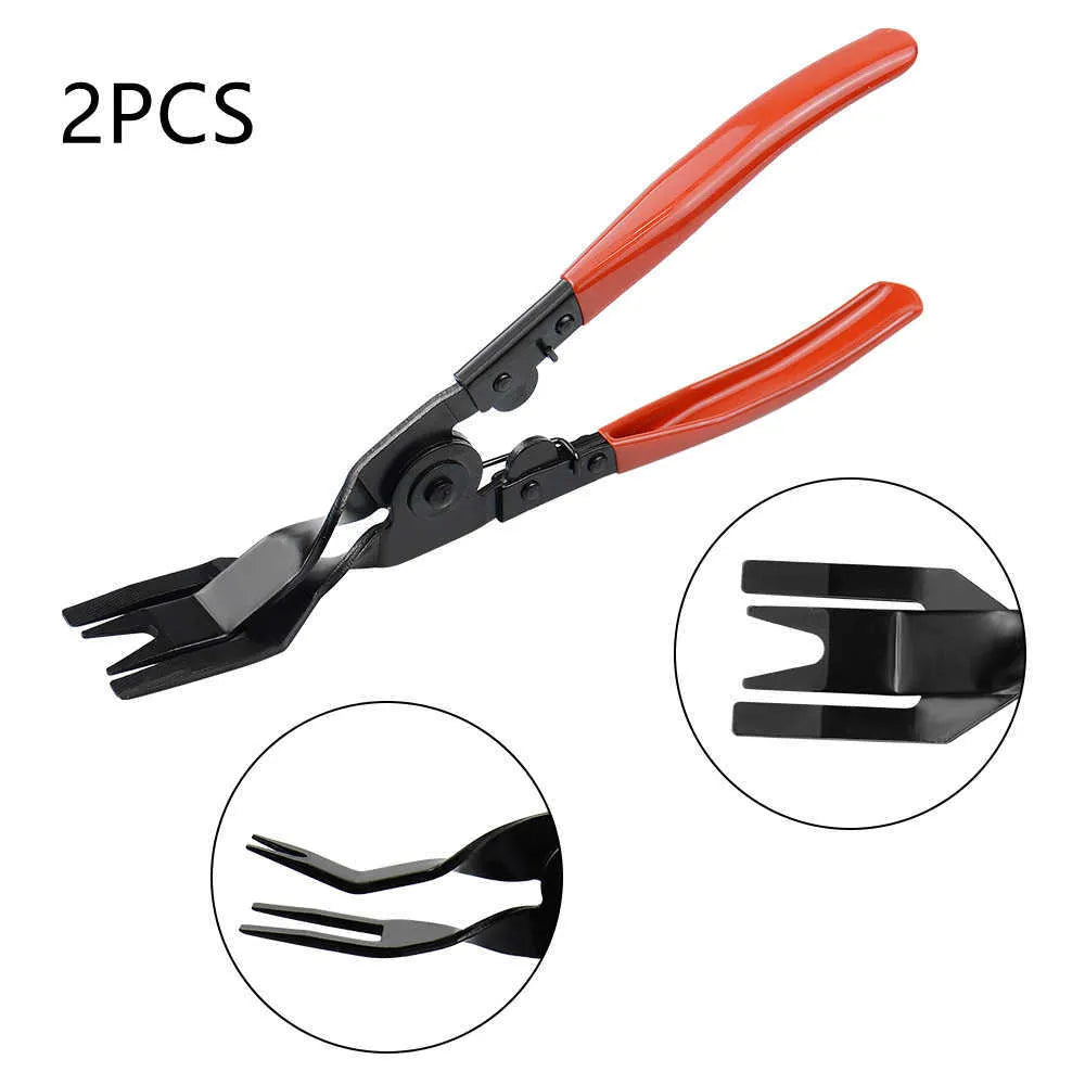 Red-handled steel automotive door panel clip removal tool for General Motors vehicles