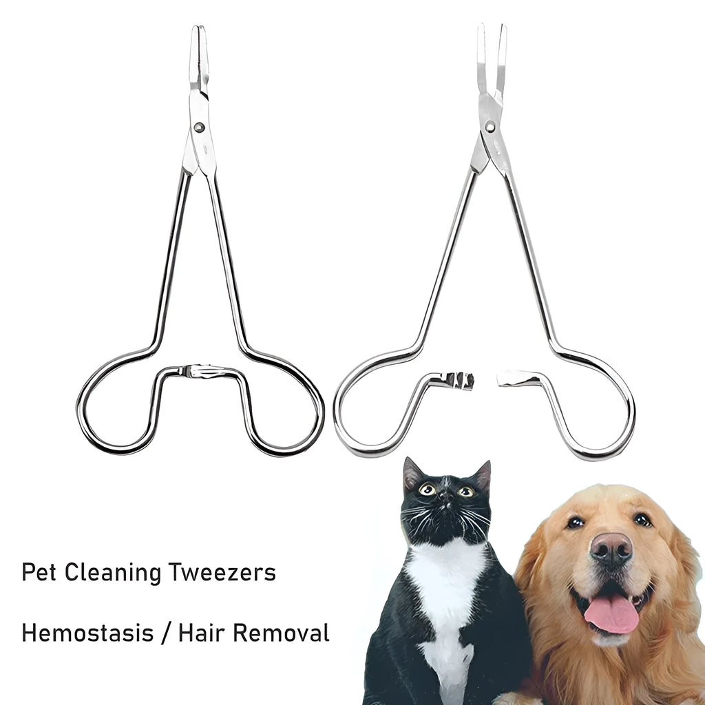 Silver stainless steel pet ear tweezers with curved tip and anti-slip handle, 12.5cm length