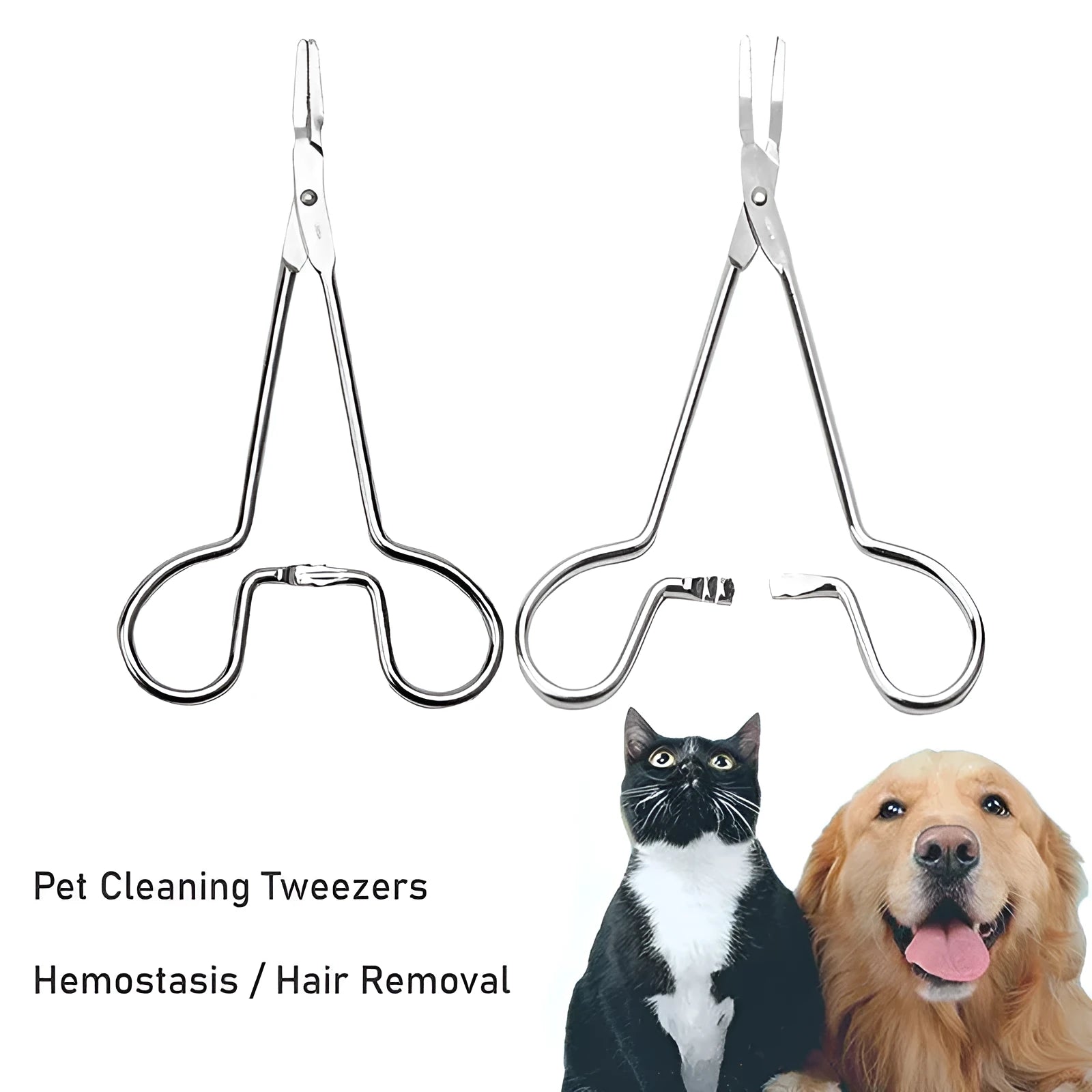 Silver stainless steel pet ear tweezers with curved tip and anti-slip handle, 12.5cm length
