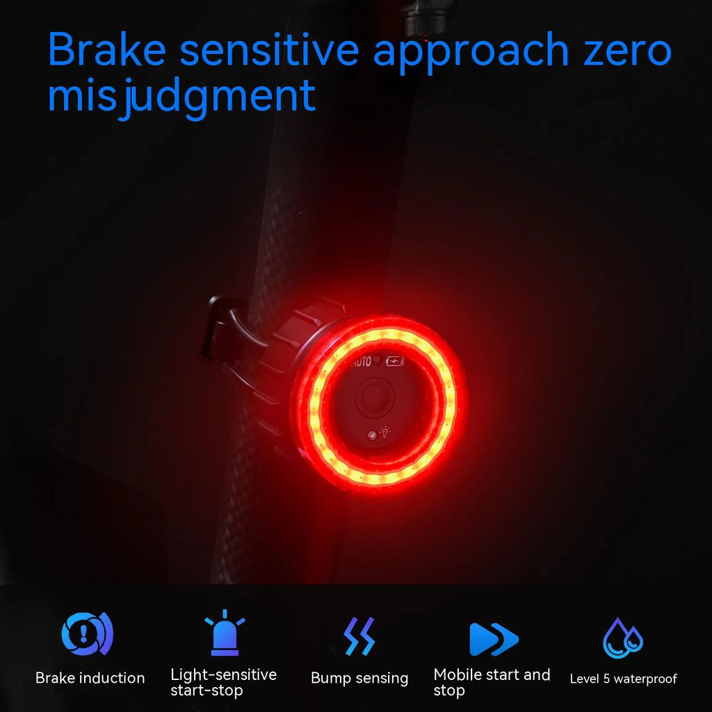 Black intelligent induction bicycle brake taillight with cushion and seat tube mounting brackets