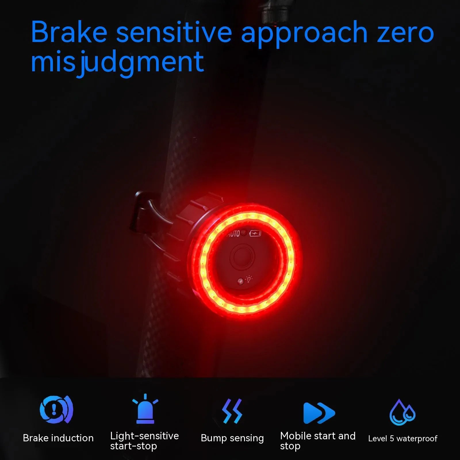 Black intelligent induction bicycle brake taillight with cushion and seat tube mounting brackets