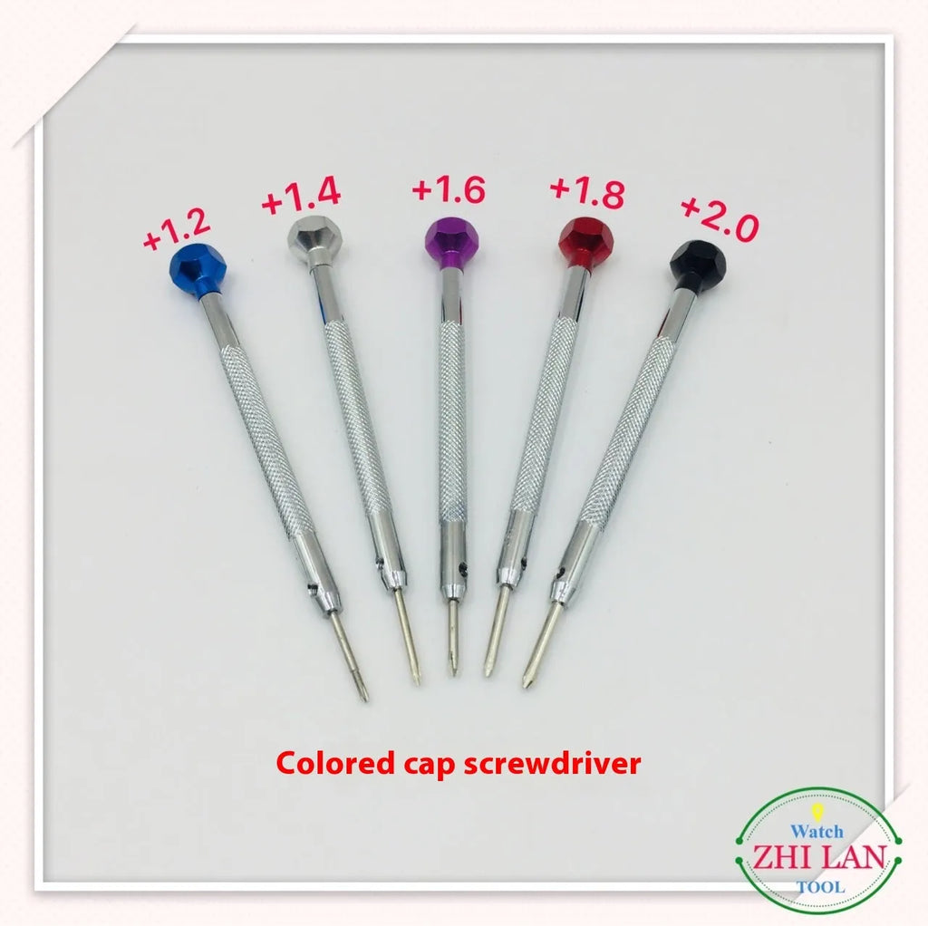 Six colour-coded aluminium suit screwdrivers for watch repair with copper handles and spring steel cutter heads